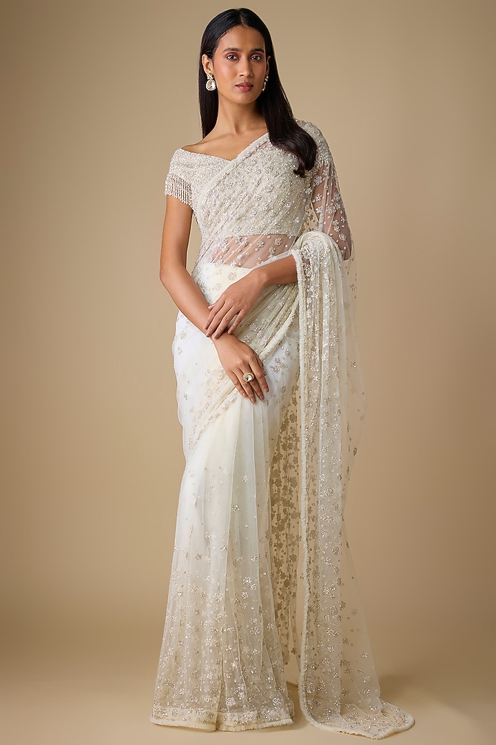 Ivory Net & Viscose Sequins Embroidered Reception Saree Set by COUTURE BY NIHARIKA at Pernia's Pop Up Shop