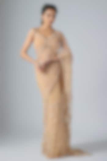 Beige Net & Flat Chiffon Sequins Embroidered Reception Saree Set by COUTURE BY NIHARIKA at Pernia's Pop Up Shop