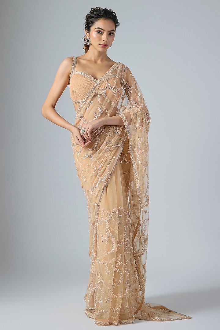 Beige Net & Flat Chiffon Sequins Embroidered Reception Saree Set by COUTURE BY NIHARIKA at Pernia's Pop Up Shop