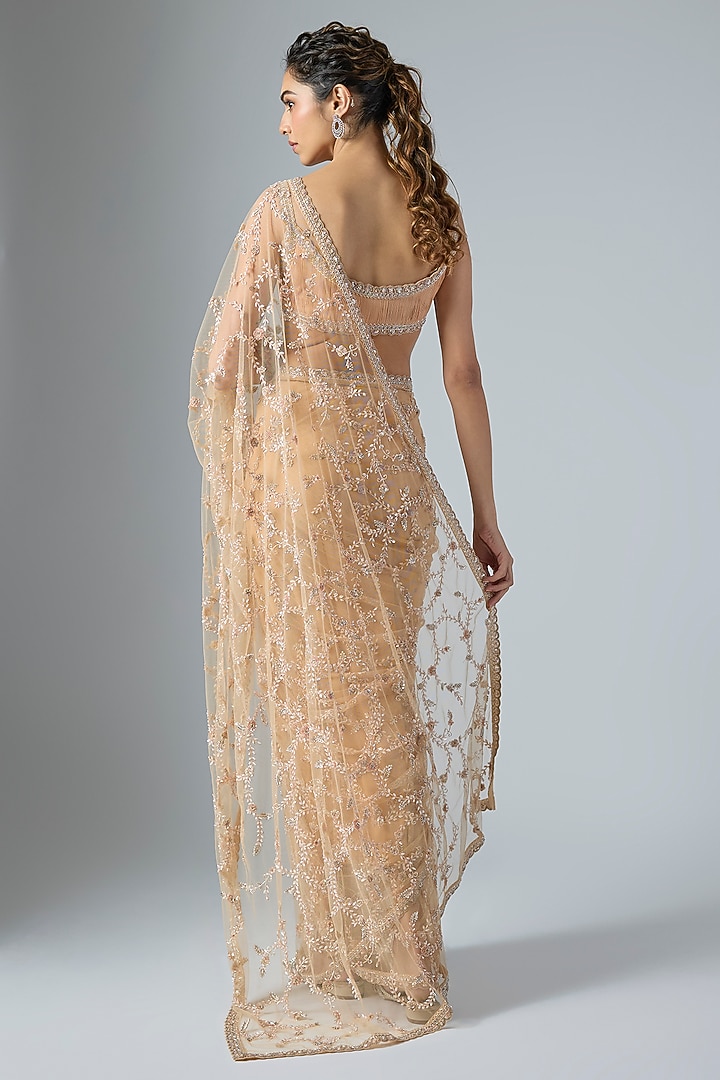 Beige Net & Flat Chiffon Sequins Embroidered Reception Saree Set by COUTURE BY NIHARIKA at Pernia's Pop Up Shop