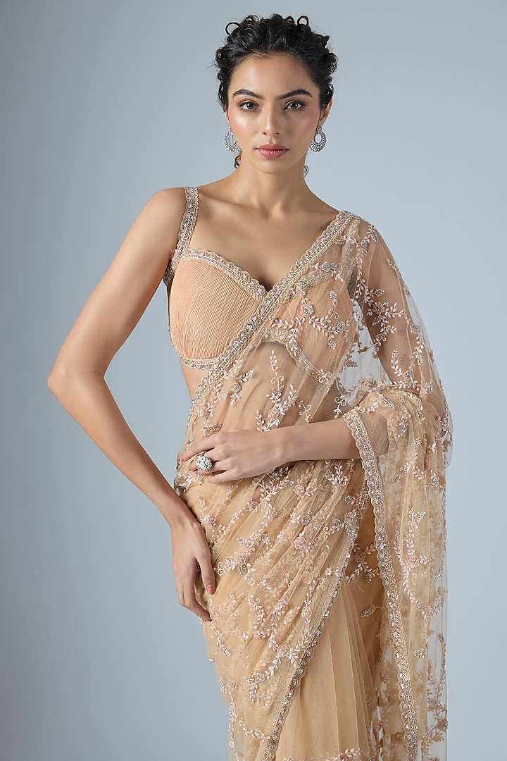 Beige Net & Flat Chiffon Sequins Embroidered Reception Saree Set by COUTURE BY NIHARIKA at Pernia's Pop Up Shop