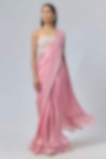 Light Pink Satin Organza & Satin Georgette Embroidered Wedding Saree Set by COUTURE BY NIHARIKA at Pernia's Pop Up Shop