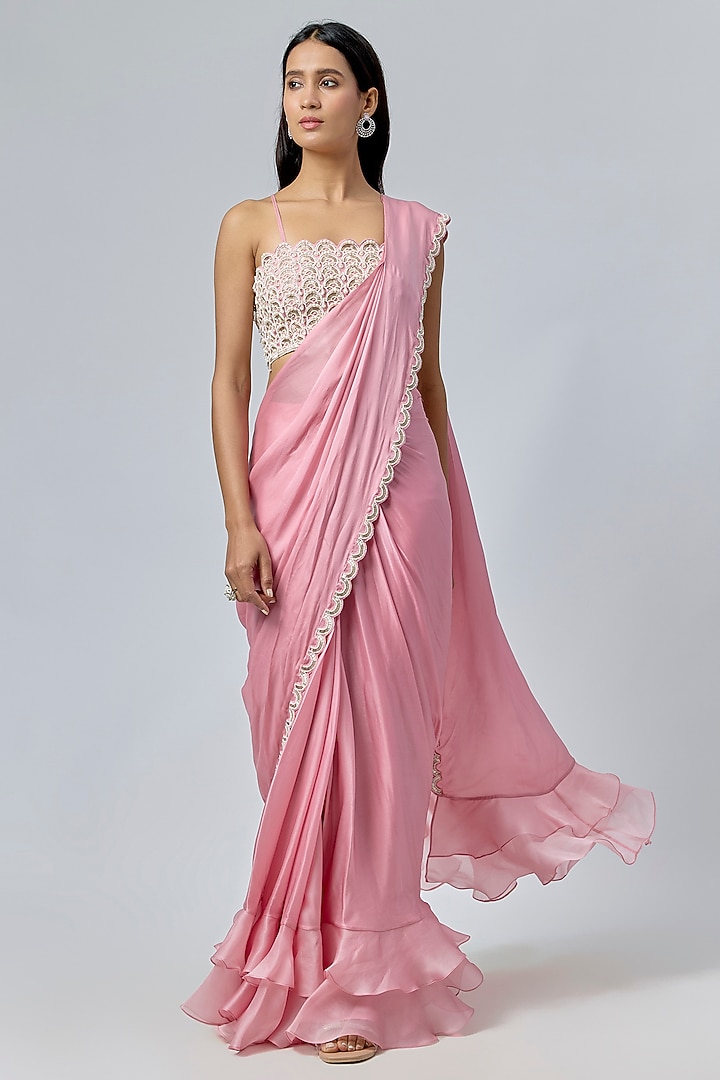 Light Pink Satin Organza & Satin Georgette Embroidered Wedding Saree Set by COUTURE BY NIHARIKA at Pernia's Pop Up Shop