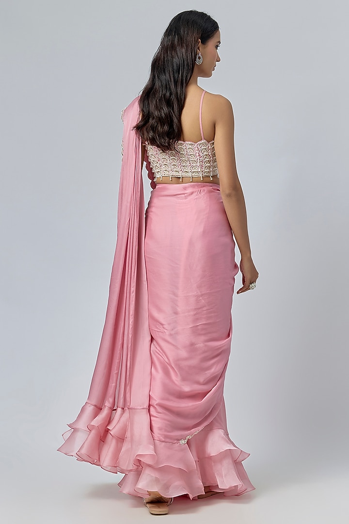 Light Pink Satin Organza & Satin Georgette Embroidered Wedding Saree Set by COUTURE BY NIHARIKA at Pernia's Pop Up Shop