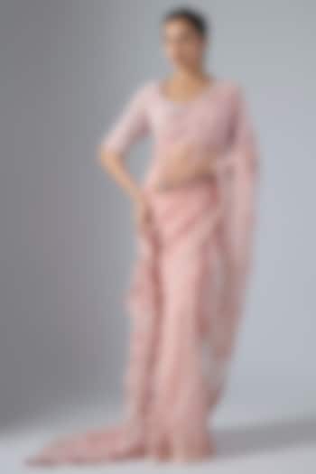 Pink Organza Hand Embroidered Reception Saree Set by COUTURE BY NIHARIKA at Pernia's Pop Up Shop