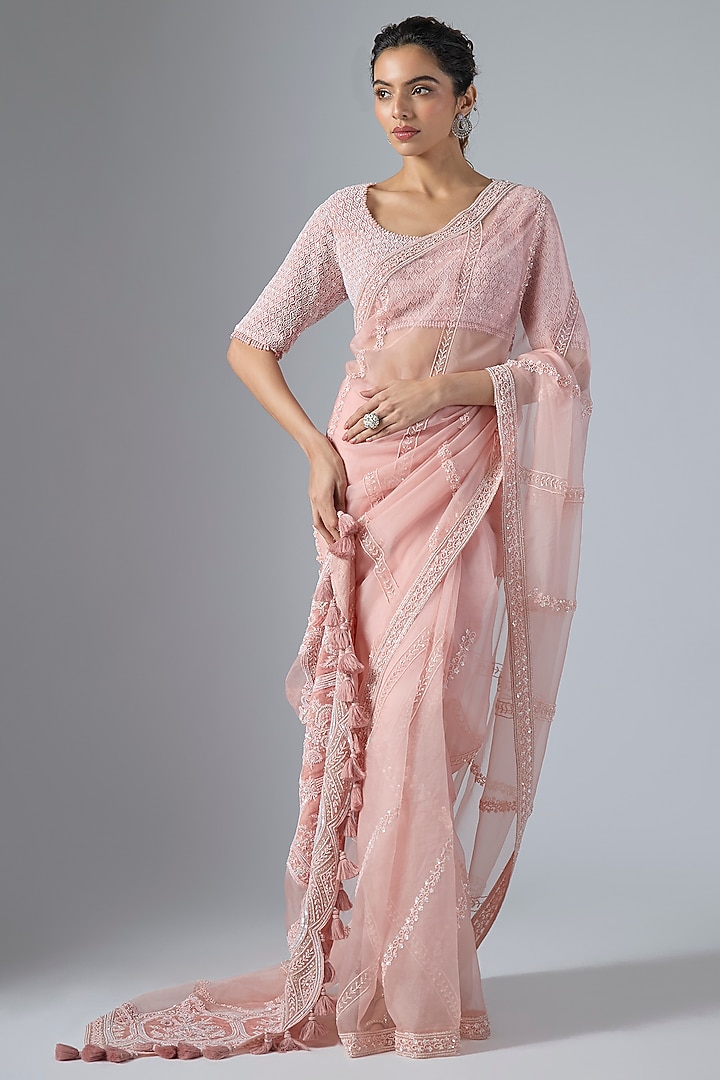 Pink Organza Hand Embroidered Reception Saree Set by COUTURE BY NIHARIKA at Pernia's Pop Up Shop