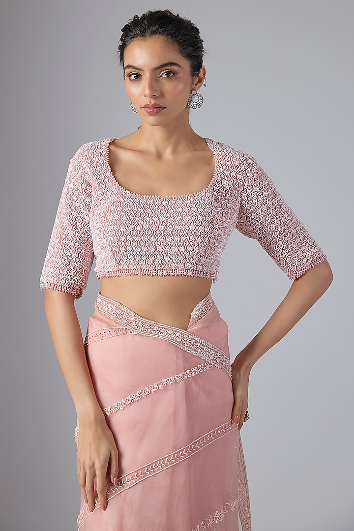 Pink Organza Hand Embroidered Reception Saree Set by COUTURE BY NIHARIKA at Pernia's Pop Up Shop