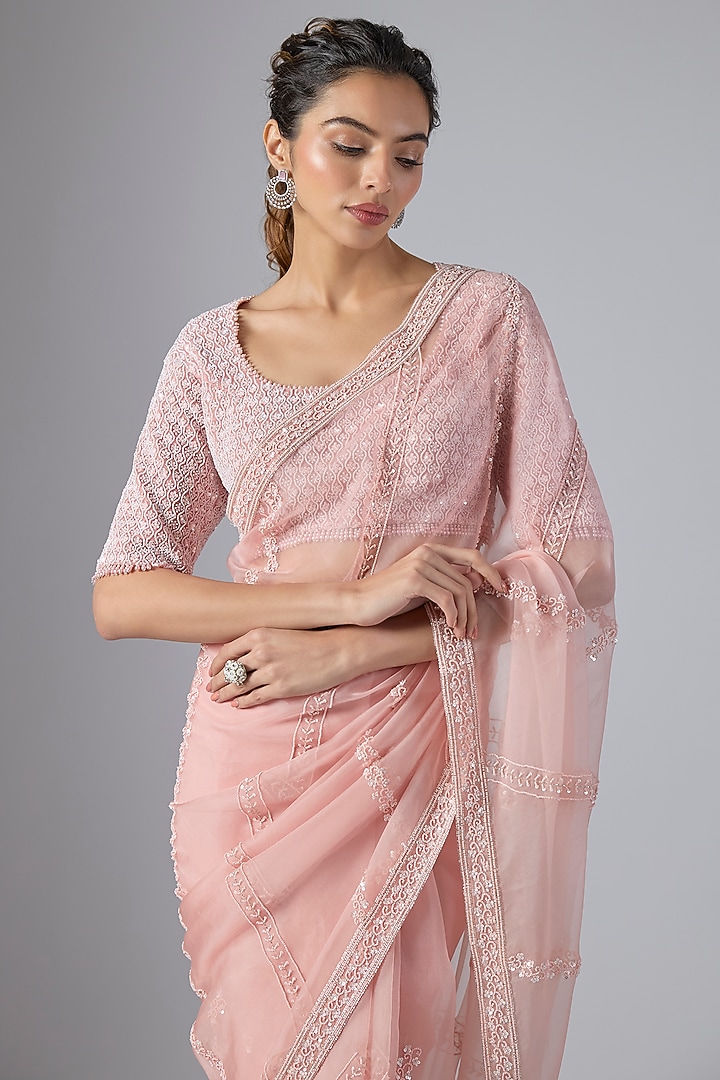 Pink Organza Hand Embroidered Reception Saree Set by COUTURE BY NIHARIKA at Pernia's Pop Up Shop