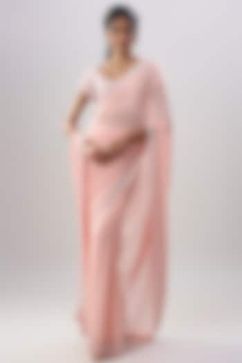 Pink Crinkle Chiffon Embroidered Wedding Saree Set by COUTURE BY NIHARIKA at Pernia's Pop Up Shop