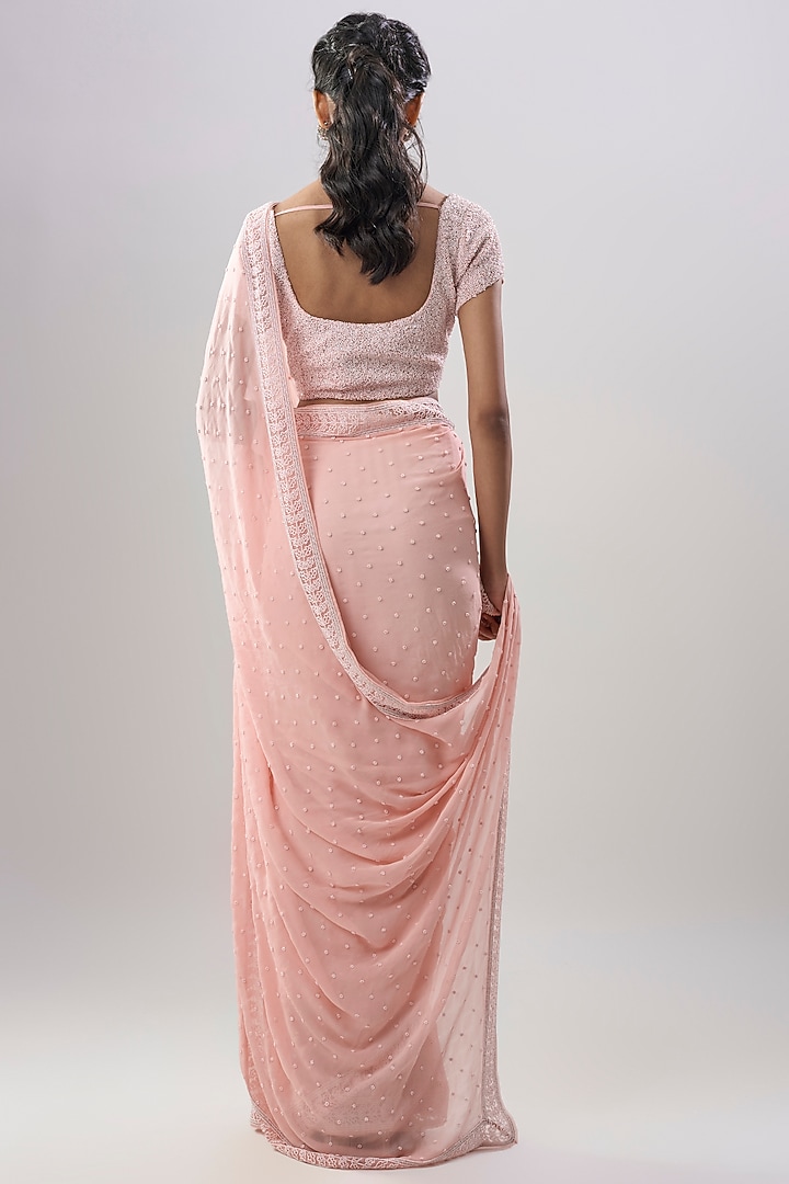 Pink Crinkle Chiffon Embroidered Wedding Saree Set by COUTURE BY NIHARIKA at Pernia's Pop Up Shop