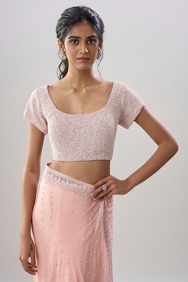 Pink Crinkle Chiffon Embroidered Wedding Saree Set by COUTURE BY NIHARIKA at Pernia's Pop Up Shop