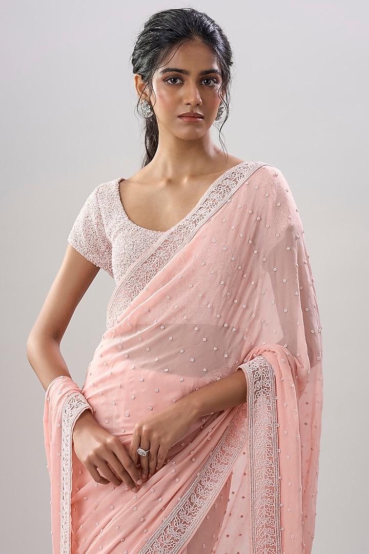 Pink Crinkle Chiffon Embroidered Wedding Saree Set by COUTURE BY NIHARIKA at Pernia's Pop Up Shop