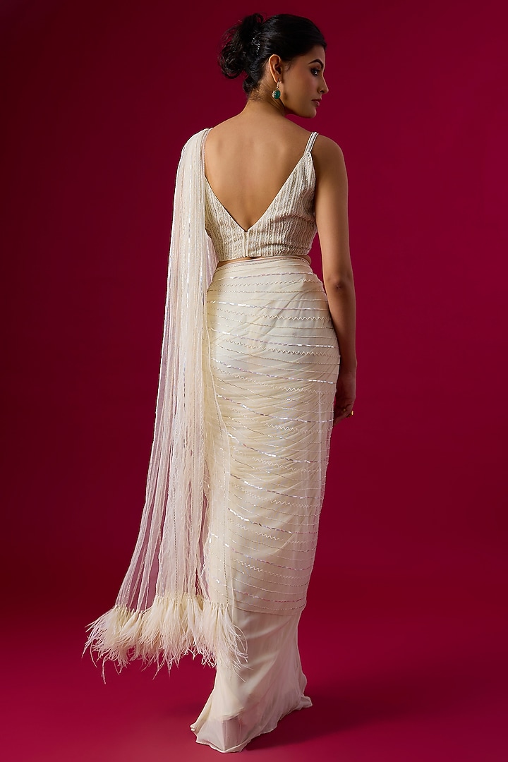 Ivory Net & Organza Feather Embroidered Wedding Saree Set by COUTURE BY NIHARIKA at Pernia's Pop Up Shop