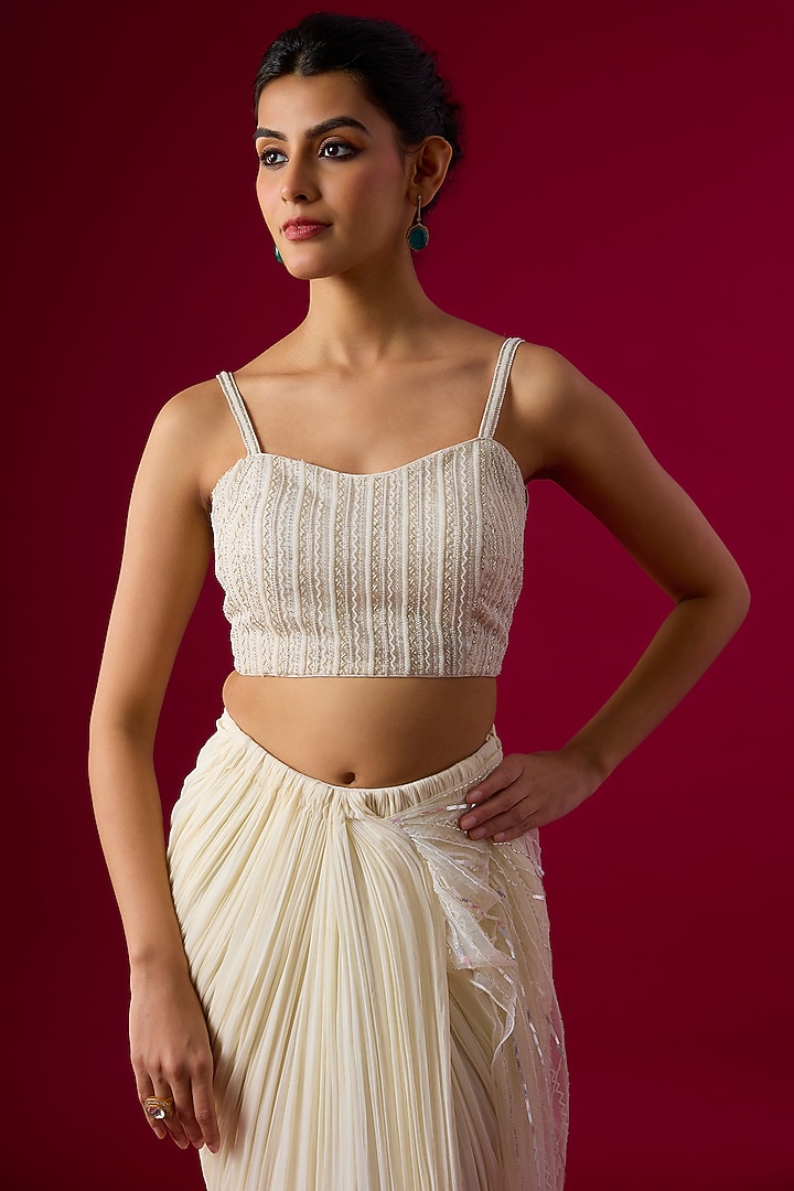Ivory Net & Organza Feather Embroidered Wedding Saree Set by COUTURE BY NIHARIKA at Pernia's Pop Up Shop