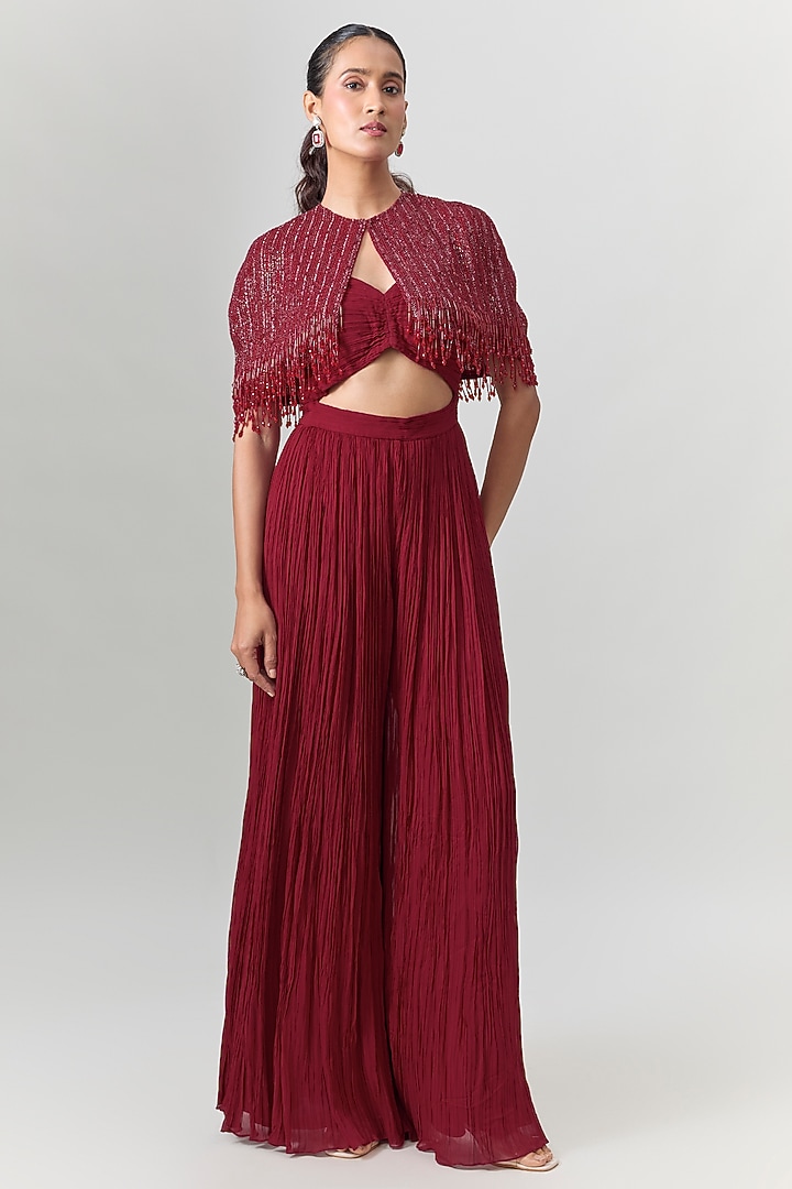 Red Viscose & Organza Embroidered Jumpsuit with Jacket by COUTURE BY NIHARIKA at Pernia's Pop Up Shop