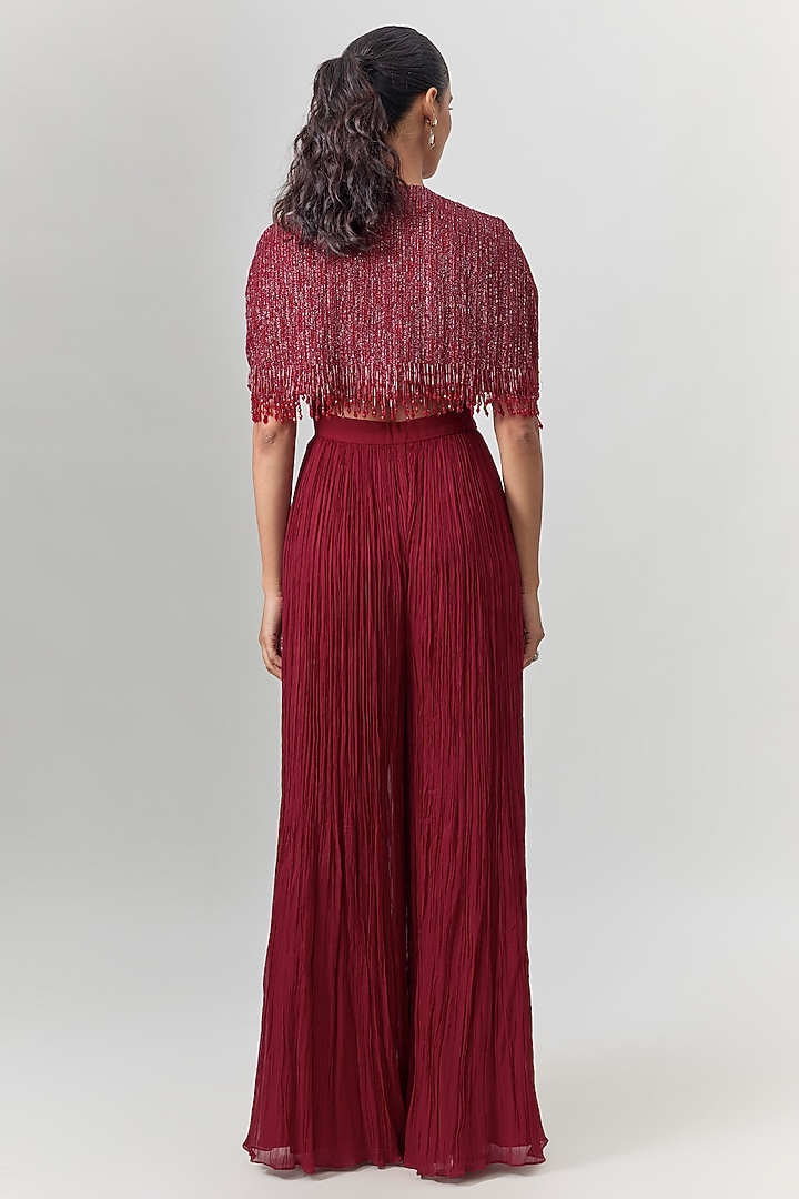 Red Viscose & Organza Embroidered Jumpsuit with Jacket by COUTURE BY NIHARIKA at Pernia's Pop Up Shop