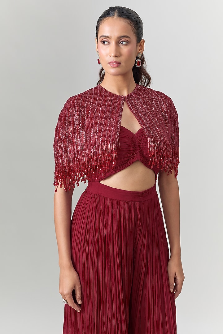Red Viscose & Organza Embroidered Jumpsuit with Jacket by COUTURE BY NIHARIKA at Pernia's Pop Up Shop