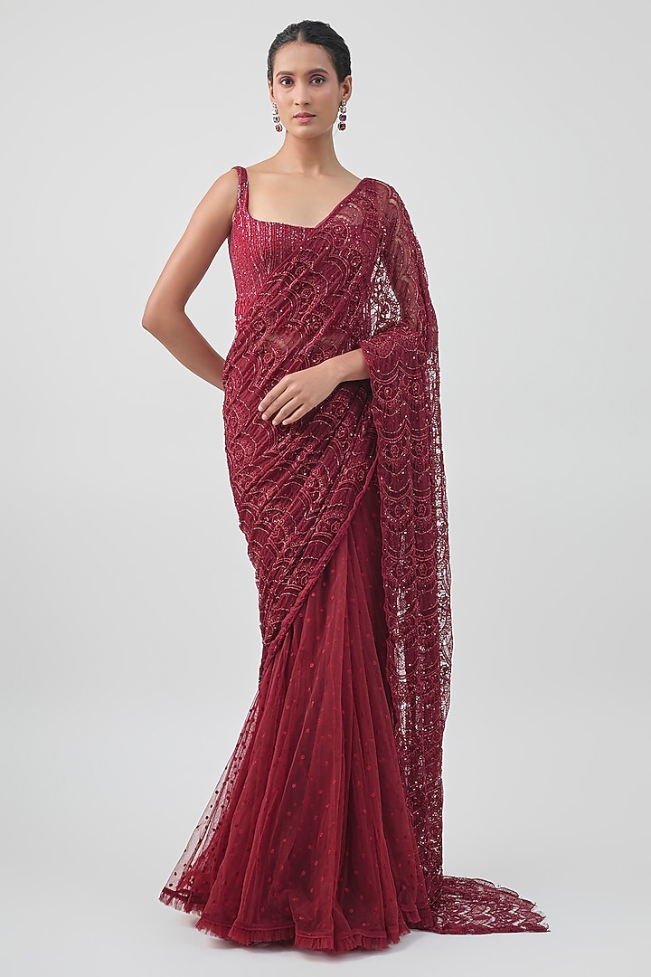 Marsala Red Net & Lace Embroidered Reception Saree Set by COUTURE BY NIHARIKA at Pernia's Pop Up Shop