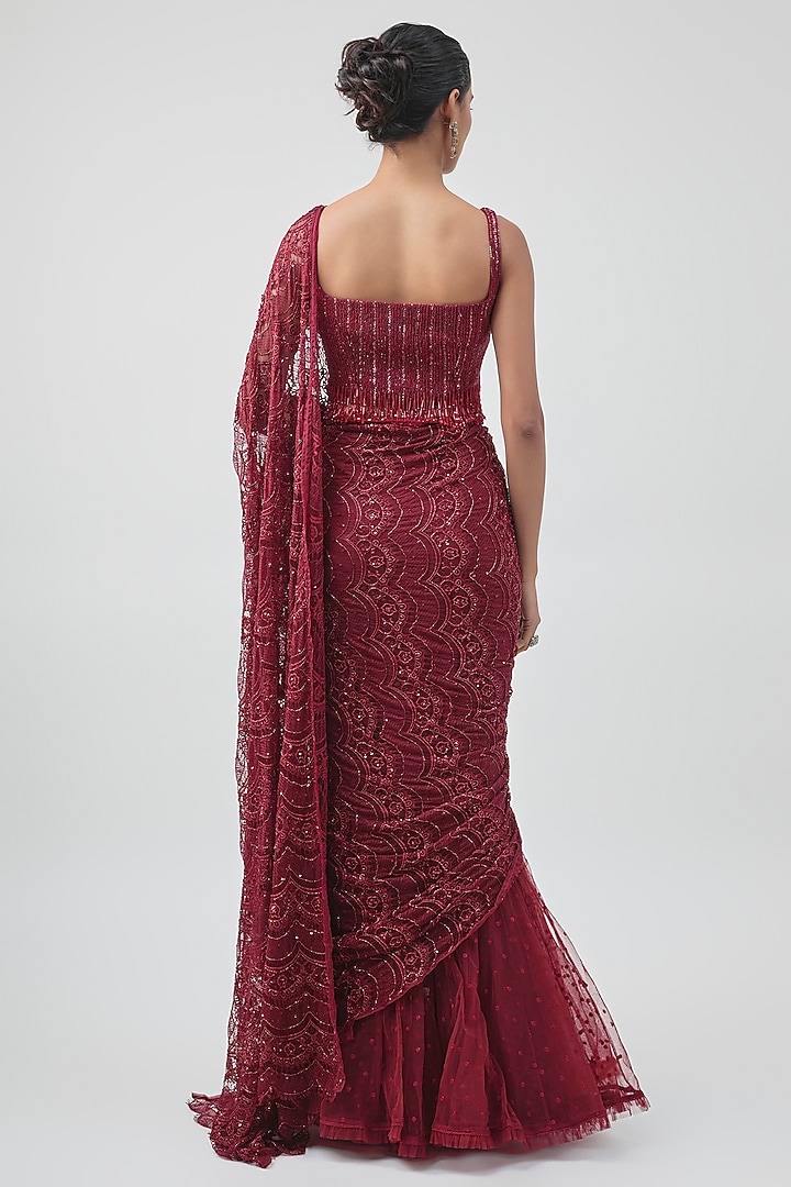 Marsala Red Net & Lace Embroidered Reception Saree Set by COUTURE BY NIHARIKA at Pernia's Pop Up Shop