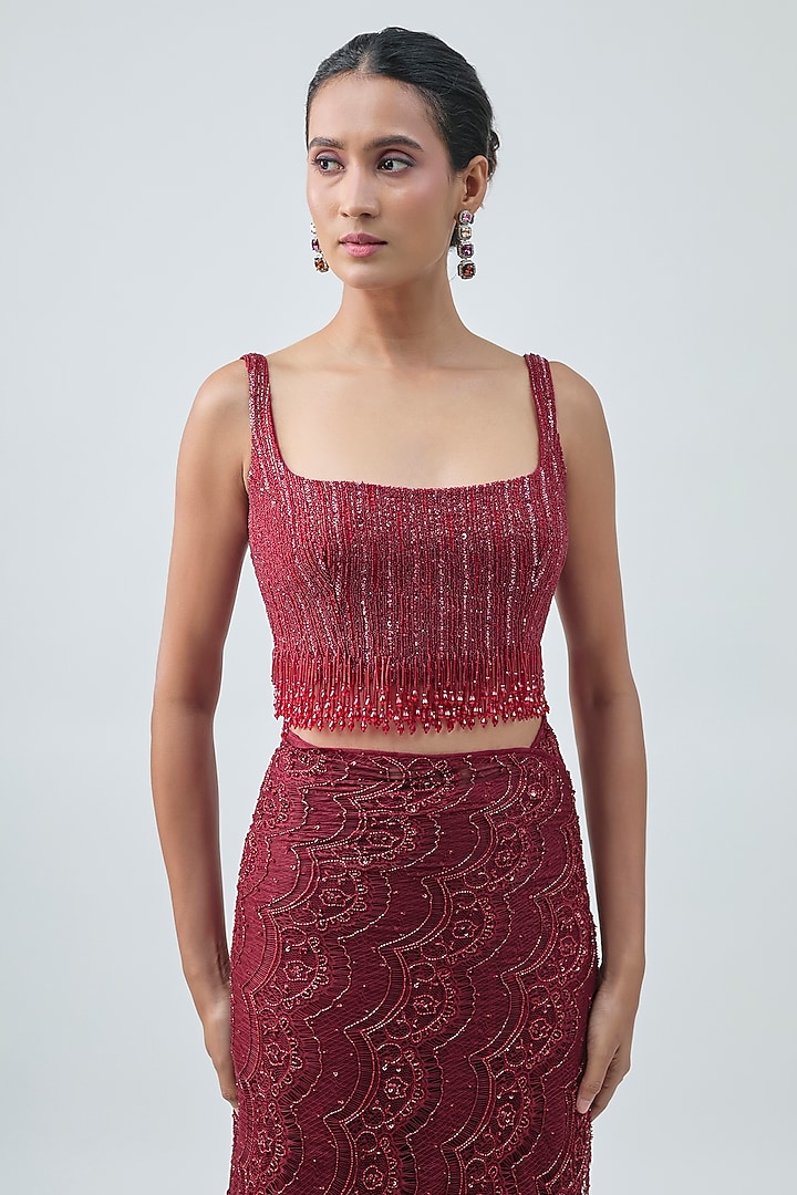 Marsala Red Net & Lace Embroidered Reception Saree Set by COUTURE BY NIHARIKA at Pernia's Pop Up Shop