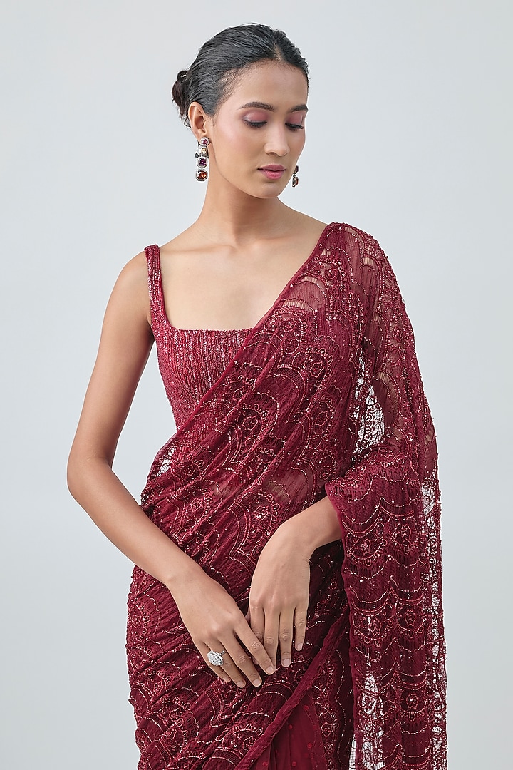 Marsala Red Net & Lace Embroidered Reception Saree Set by COUTURE BY NIHARIKA at Pernia's Pop Up Shop