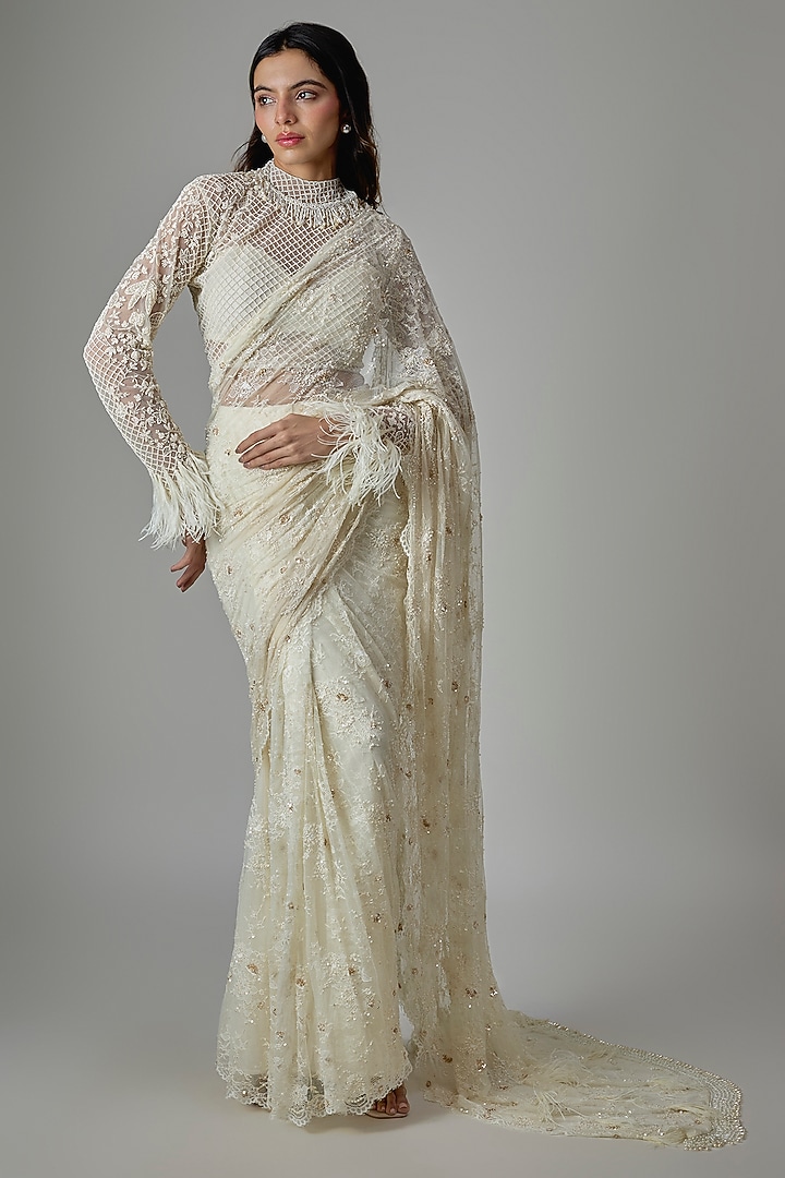 Ivory Net Floral Hand Embroidered Pre-Draped Wedding Saree Set by COUTURE BY NIHARIKA at Pernia's Pop Up Shop