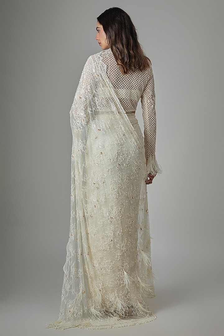 Ivory Net Floral Hand Embroidered Pre-Draped Wedding Saree Set by COUTURE BY NIHARIKA at Pernia's Pop Up Shop