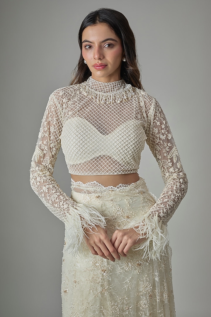 Ivory Net Floral Hand Embroidered Pre-Draped Wedding Saree Set by COUTURE BY NIHARIKA at Pernia's Pop Up Shop