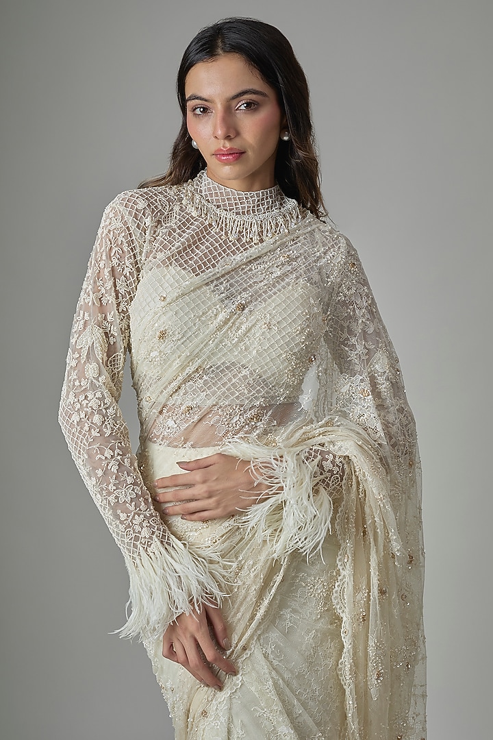 Ivory Net Floral Hand Embroidered Pre-Draped Wedding Saree Set by COUTURE BY NIHARIKA at Pernia's Pop Up Shop