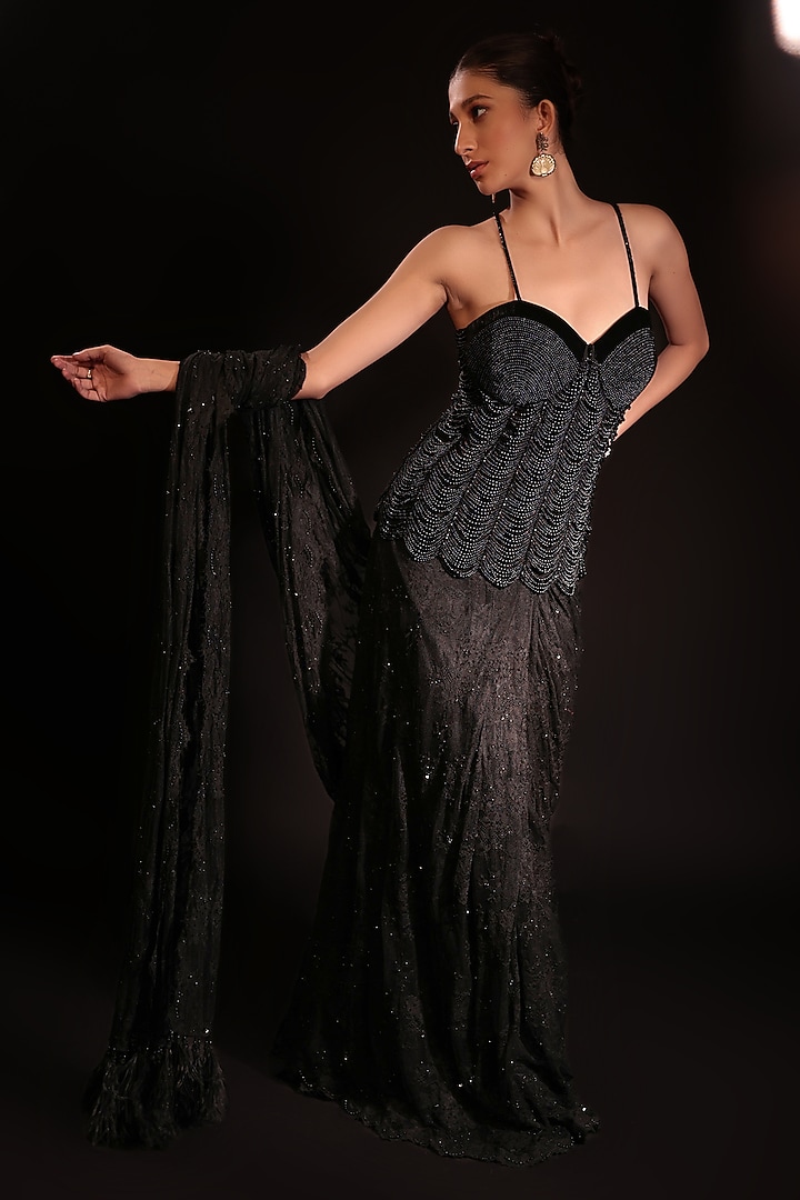 Black Net Embroidered Draped Wedding Saree Set by COUTURE BY NIHARIKA at Pernia's Pop Up Shop
