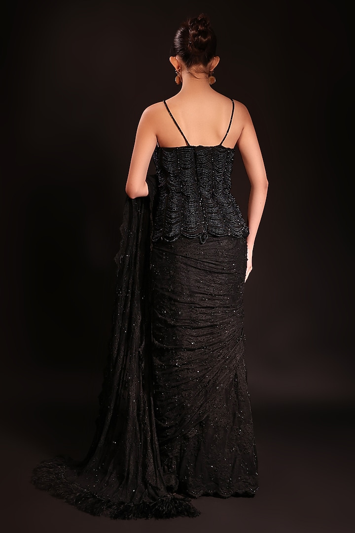 Black Net Embroidered Draped Wedding Saree Set by COUTURE BY NIHARIKA at Pernia's Pop Up Shop
