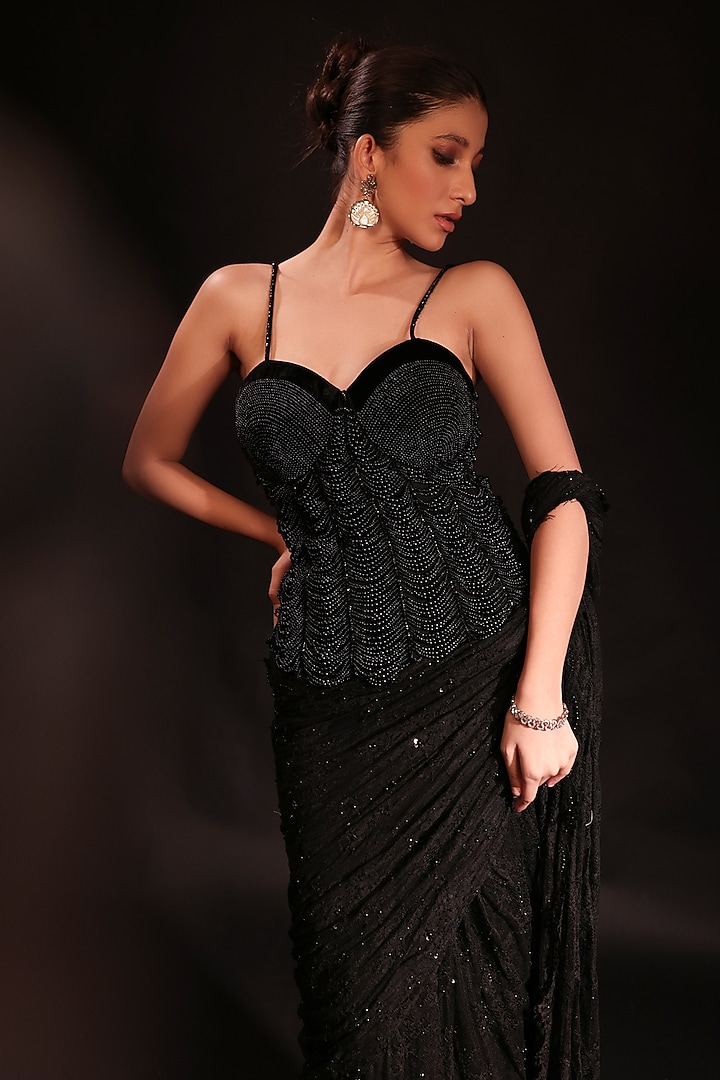 Black Net Embroidered Draped Wedding Saree Set by COUTURE BY NIHARIKA at Pernia's Pop Up Shop