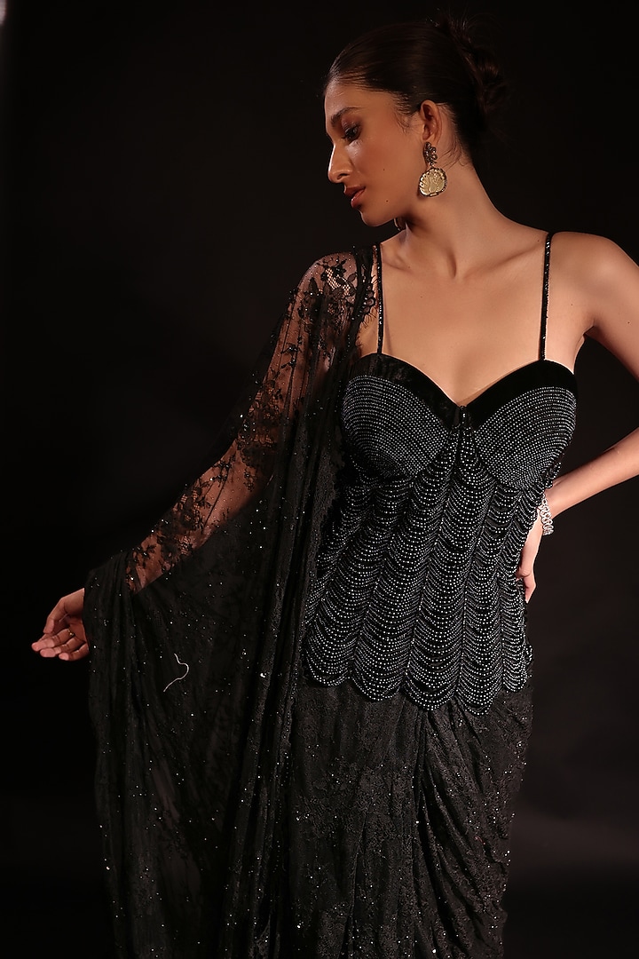 Black Net Embroidered Draped Wedding Saree Set by COUTURE BY NIHARIKA at Pernia's Pop Up Shop