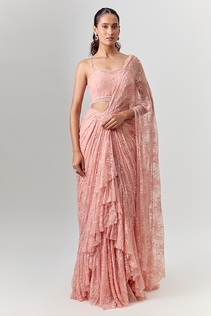 Powder Pink Net Embroidered Draped Reception Saree Set by COUTURE BY NIHARIKA at Pernia's Pop Up Shop