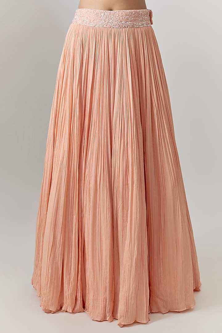 Peach Net & Viscose Motif Embroidered Wedding Lehenga Set by COUTURE BY NIHARIKA at Pernia's Pop Up Shop