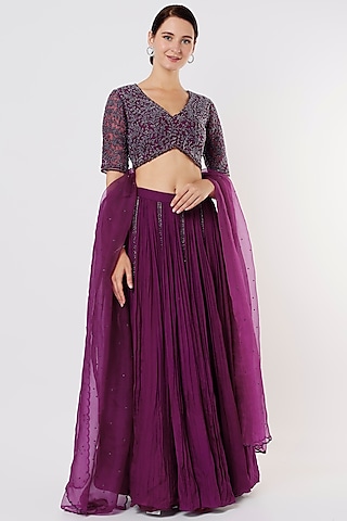 Wine Organza Lehenga Set by COUTURE BY NIHARIKA