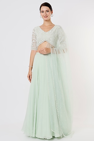 Mint Organza Lehenga Set by COUTURE BY NIHARIKA