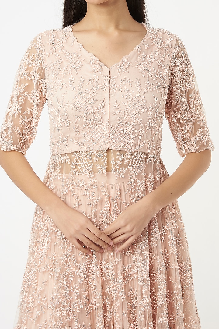 Peach Machine & Hand Embroidered Jacket Set by COUTURE BY NIHARIKA at Pernia's Pop Up Shop