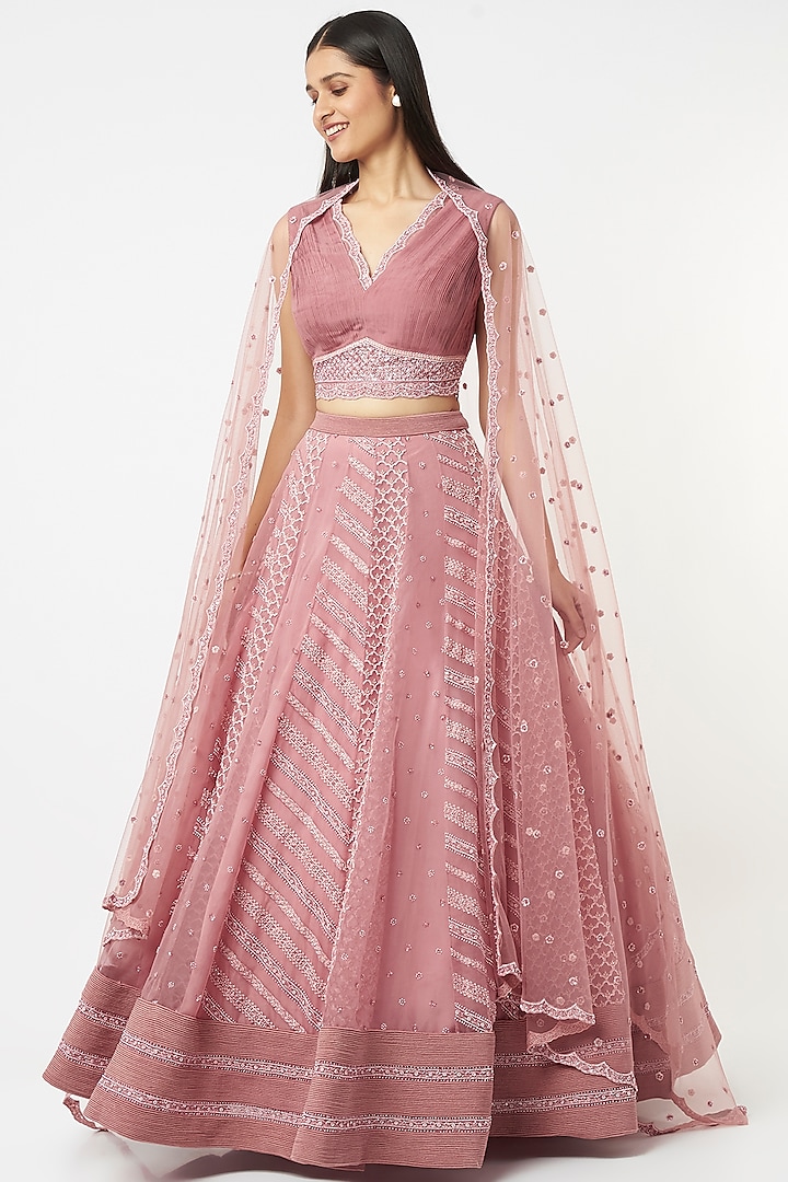 Old Rose Embroidered Multi-Paneled Wedding Lehenga Set by COUTURE BY NIHARIKA at Pernia's Pop Up Shop