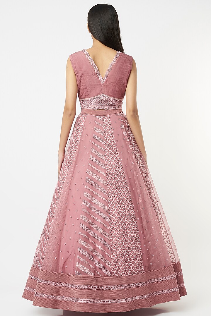 Old Rose Organza Embroidered Paneled Bridal Lehenga Set by COUTURE BY NIHARIKA at Pernia's Pop Up Shop