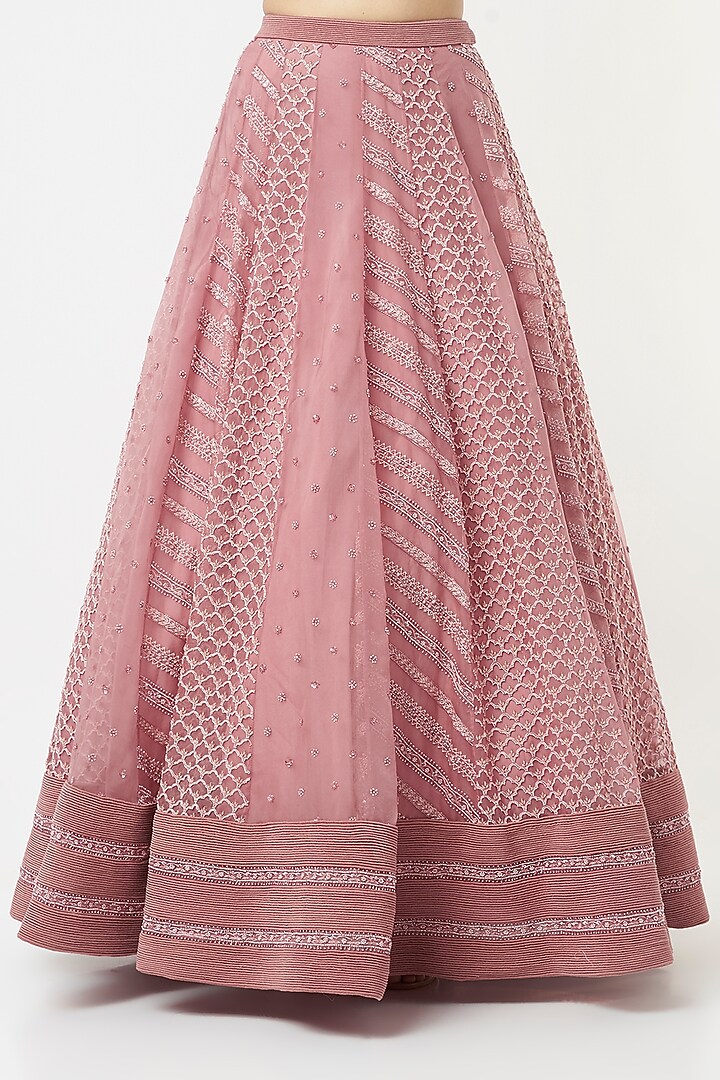Old Rose Organza Embroidered Paneled Bridal Lehenga Set by COUTURE BY NIHARIKA at Pernia's Pop Up Shop