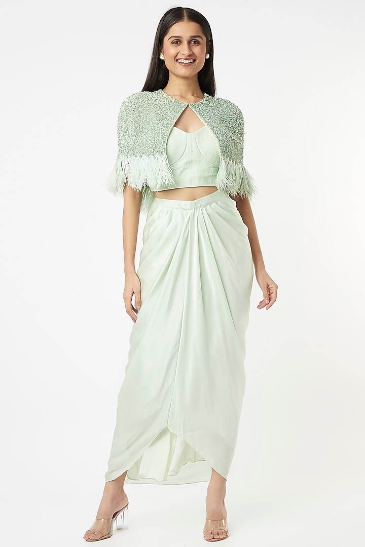 Mint Draped Skirt Set With Hand Embroidered Cape by COUTURE BY NIHARIKA