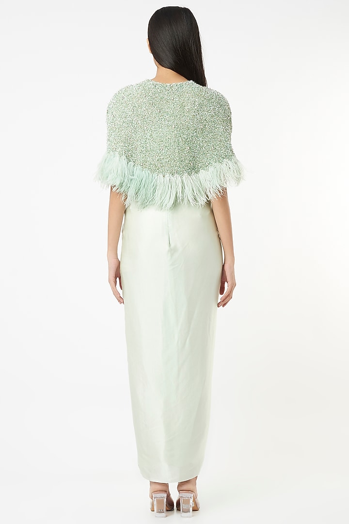 Mint Draped Skirt Set With Hand Embroidered Cape by COUTURE BY NIHARIKA at Pernia's Pop Up Shop