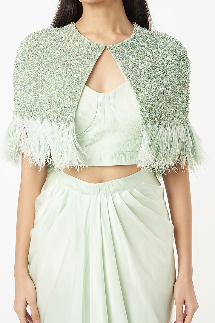 Mint Draped Skirt Set With Hand Embroidered Cape by COUTURE BY NIHARIKA at Pernia's Pop Up Shop