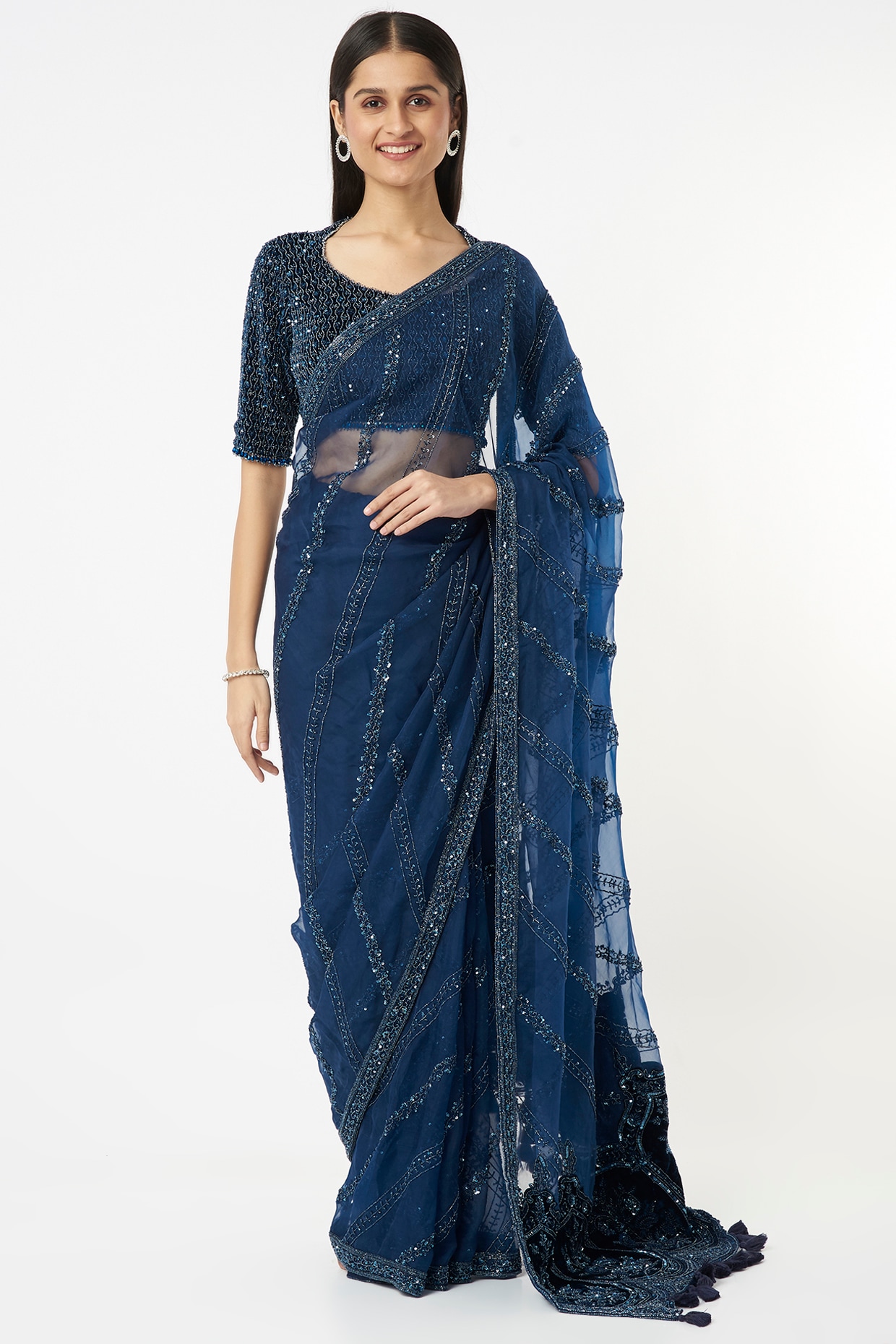 Buy Blue Saree Pure Satin Woven And Embellished Sequin & With Blouse For  Women by Jigar Mali Online at Aza Fashions.