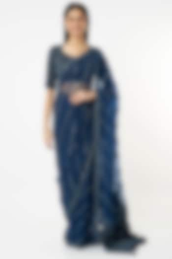 Cobalt Blue Hand Embroidered Saree Set by COUTURE BY NIHARIKA at Pernia's Pop Up Shop