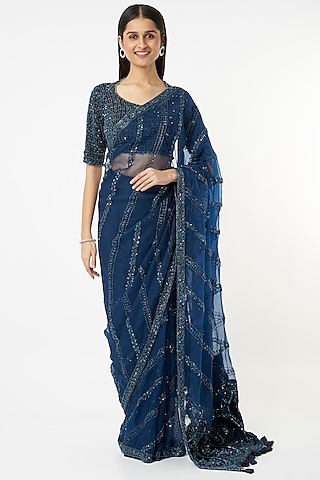 Cobalt Blue Hand Embroidered Saree Set by COUTURE BY NIHARIKA