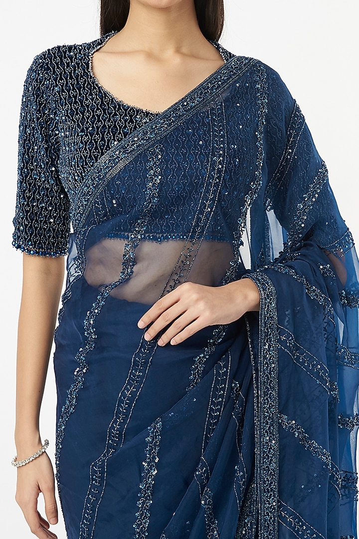 Cobalt Blue Hand Embroidered Reception Saree Set by COUTURE BY NIHARIKA at Pernia's Pop Up Shop