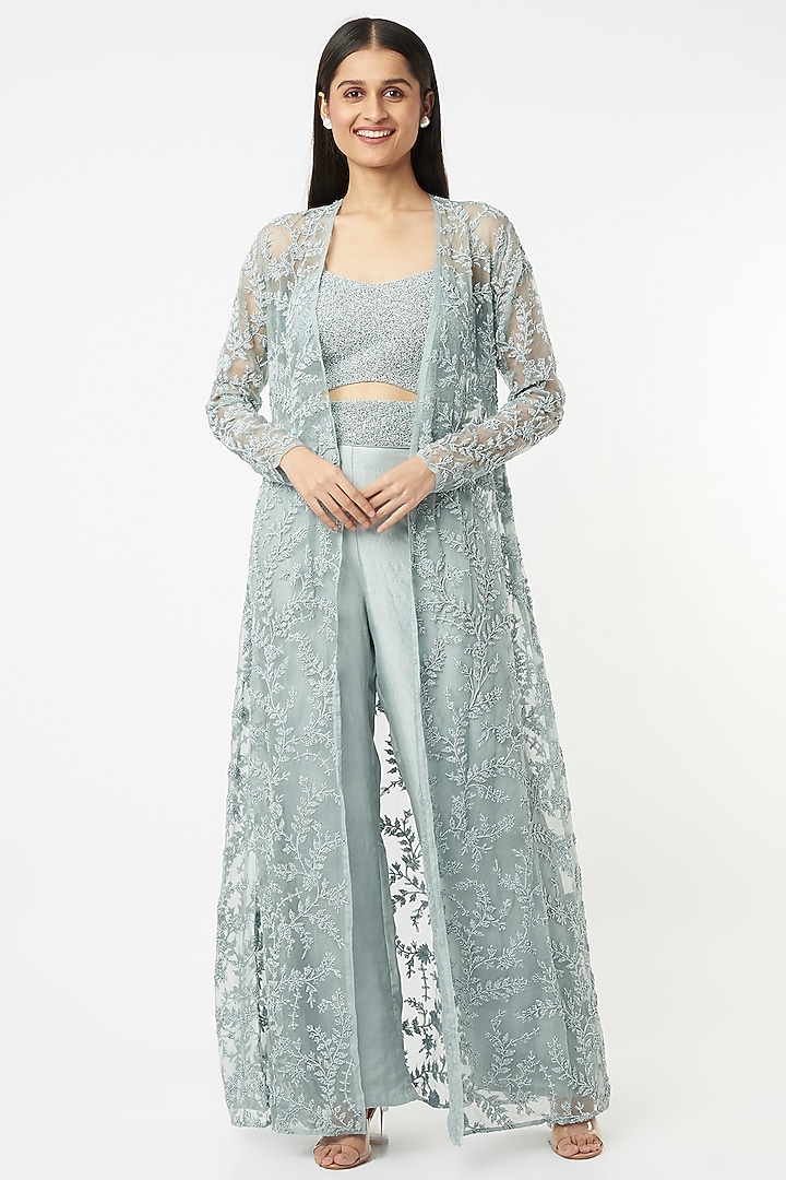 Powder Blue Embroidered Jacket Set by COUTURE BY NIHARIKA at Pernia's Pop Up Shop