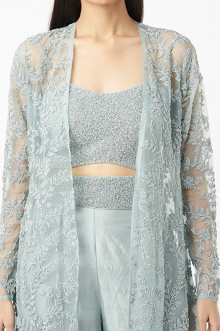 Powder Blue Embroidered Jacket Set by COUTURE BY NIHARIKA at Pernia's Pop Up Shop